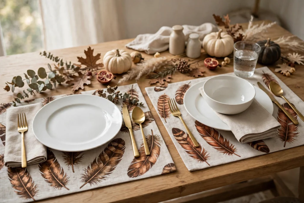 Feather-print place mats in bronze and copper under white dinnerware on a table