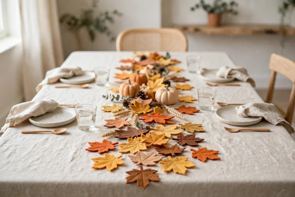 Felt fall leaves scattered down the center of a children's Thanksgiving table