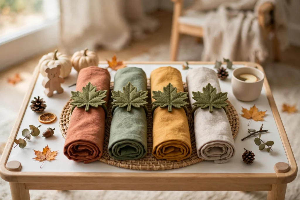 Rolled cloth napkins with felt leaf rings on a warm autumn kids' table