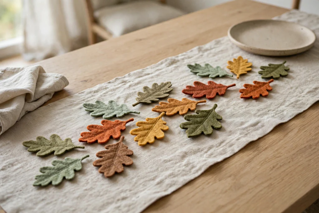Turkey Day Decor Ideas for a Cozy Festive Home 20 Colorful felt autumn leaves scattered naturally along a styled Thanksgiving table runner.