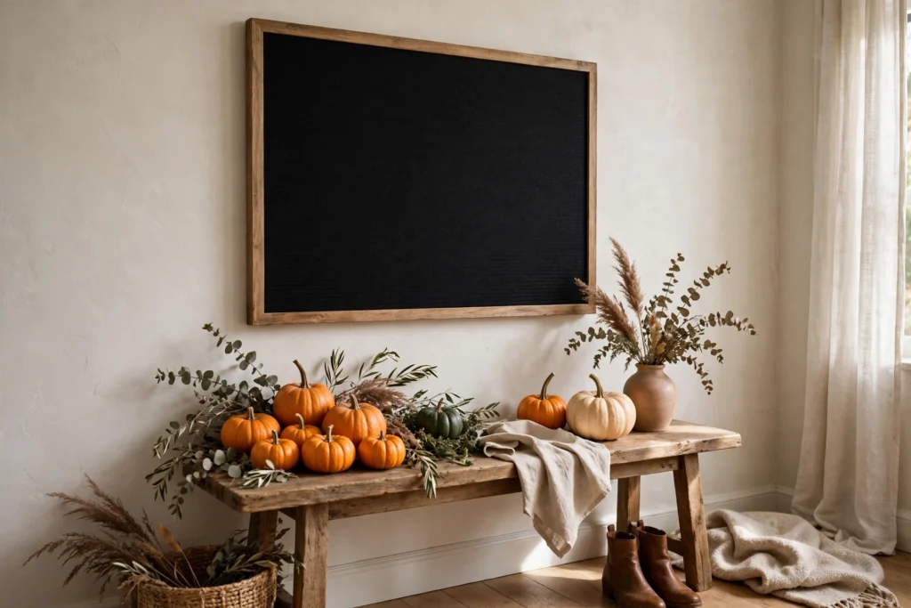 Friendsgiving Decor Ideas for a Fun Festive Party 13 Felt letter board displaying a welcome message on an entry table with pumpkins.