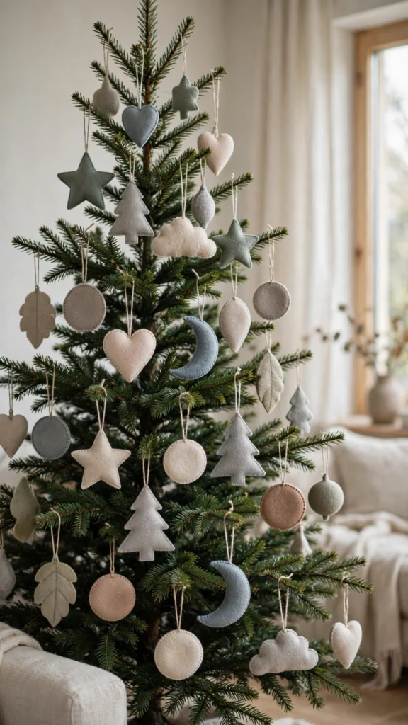 Christmas Tree Decorating Ideas for a Magical Holiday Look 10 Felt ornaments in muted colors hanging among pine needles on a Christmas tree