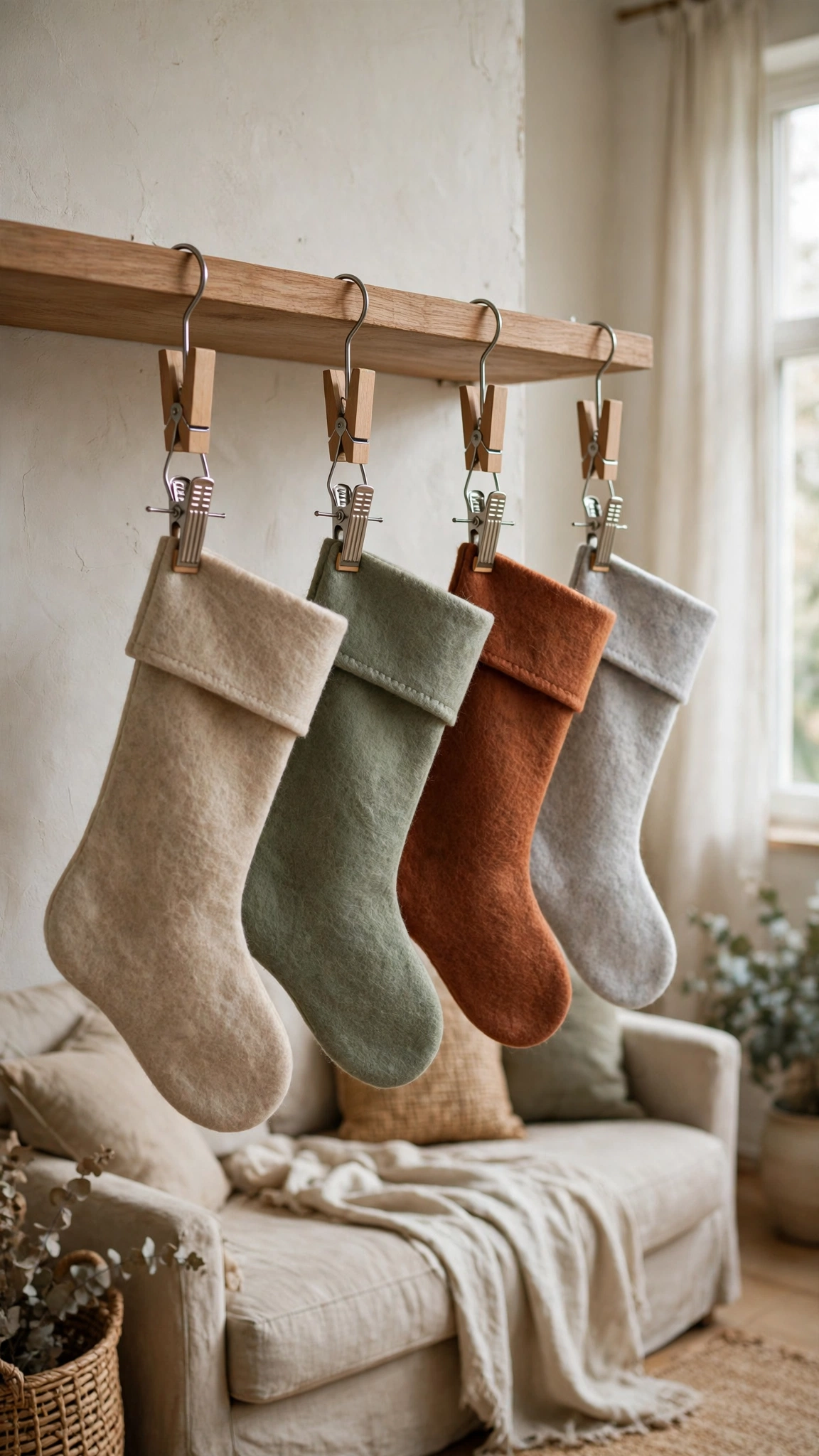 Felt Christmas stockings clipped to a shelf edge in a cozy rented living room.