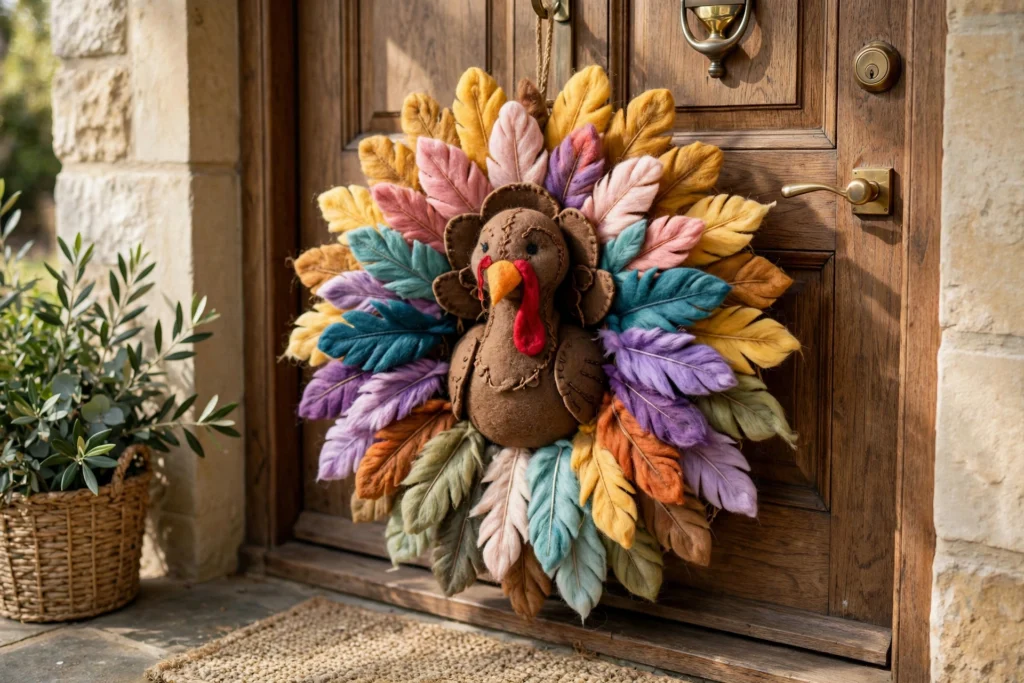 Colorful felt turkey wreath with layered wool feathers on welcoming front door.
