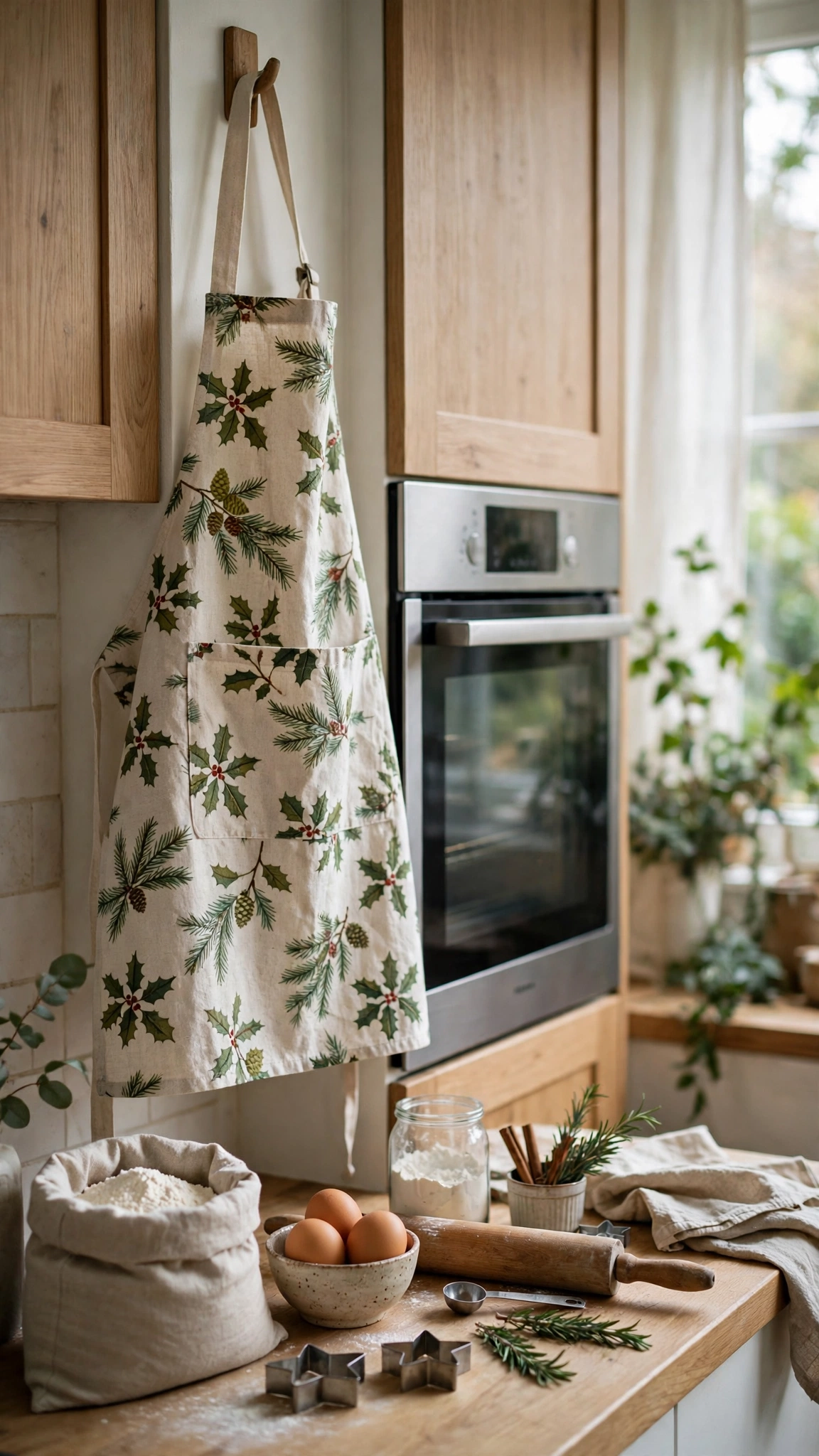 Christmas Kitchen Decor Ideas for a Festive Cozy Space 6 A festive apron hanging near a kitchen oven with baking supplies nearby.