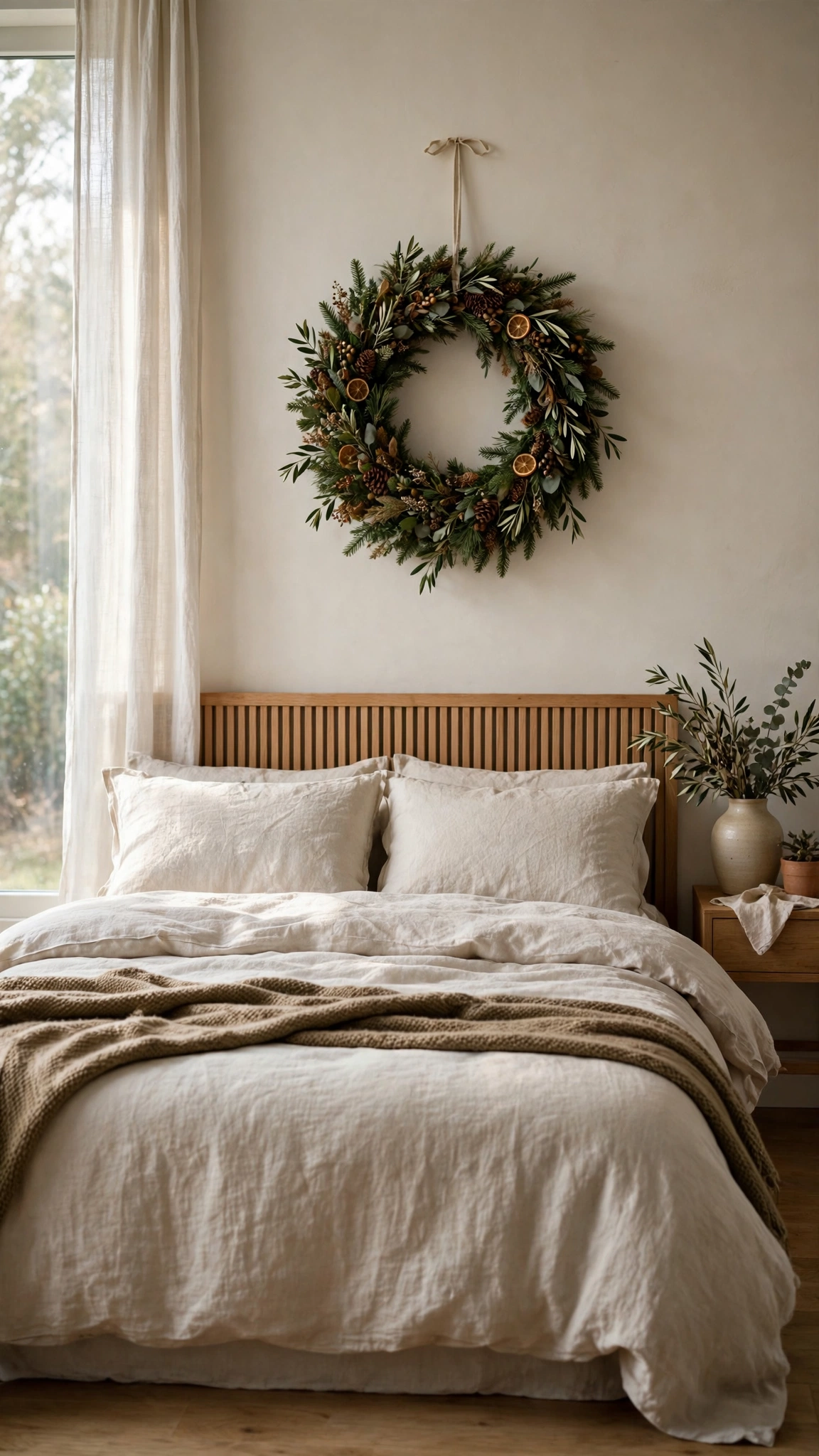 Christmas Bedroom Decor Ideas for a Cozy Festive Retreat 9 Festive wreath hanging above a cozy bed with greenery and soft light
