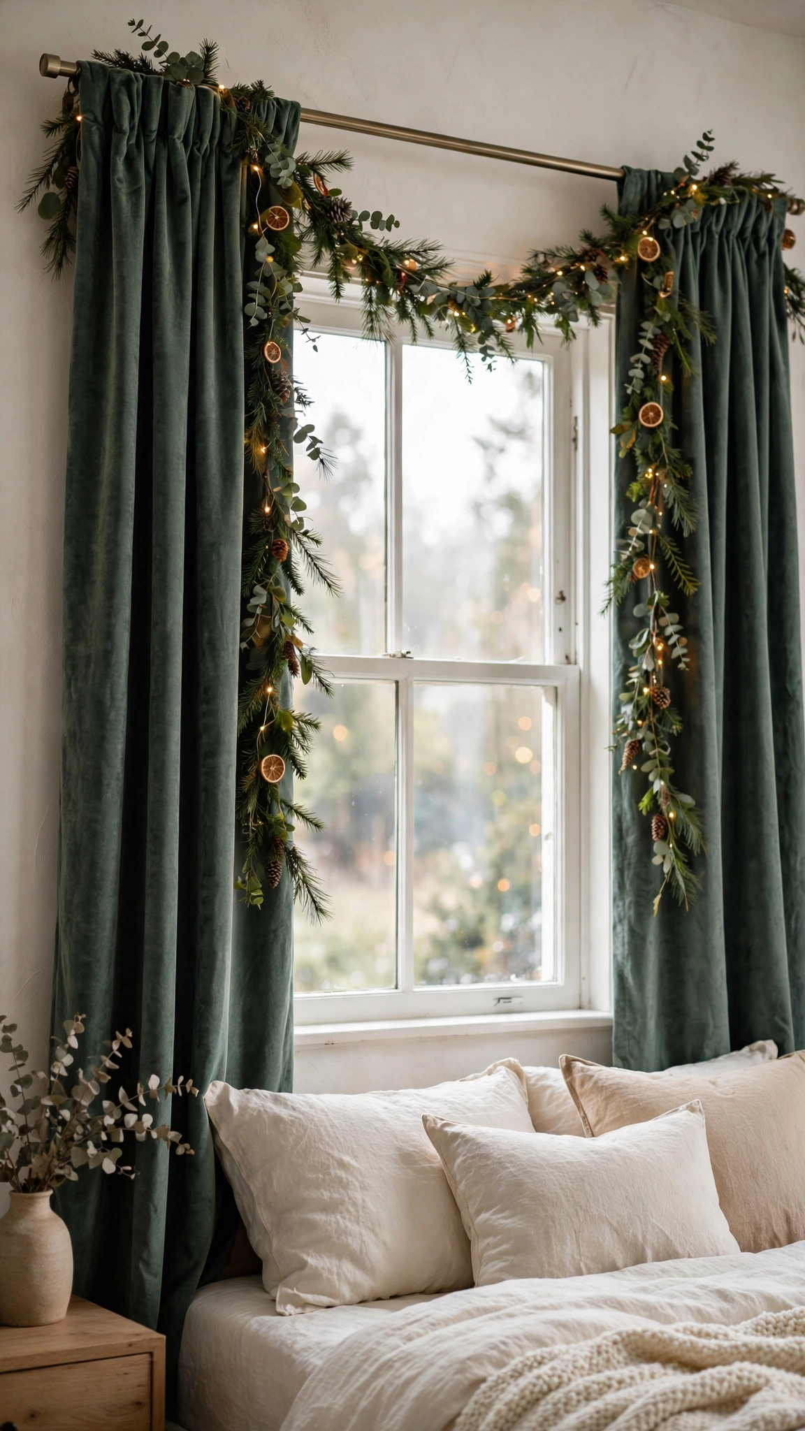 Christmas Bedroom Decor Ideas for a Cozy Festive Retreat 19 Festive curtain panels framing a bedroom window with soft gentle natural light