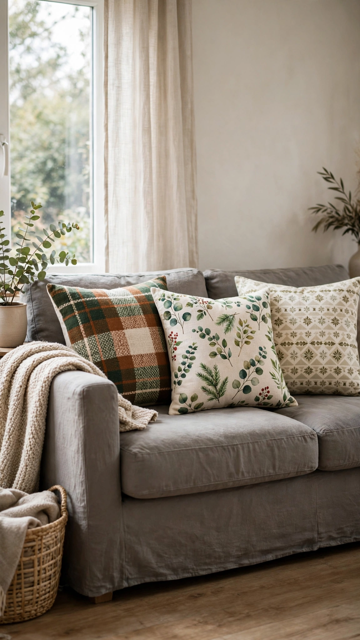 Seasonal cushion covers in festive patterns arranged on a sofa in a rented flat.