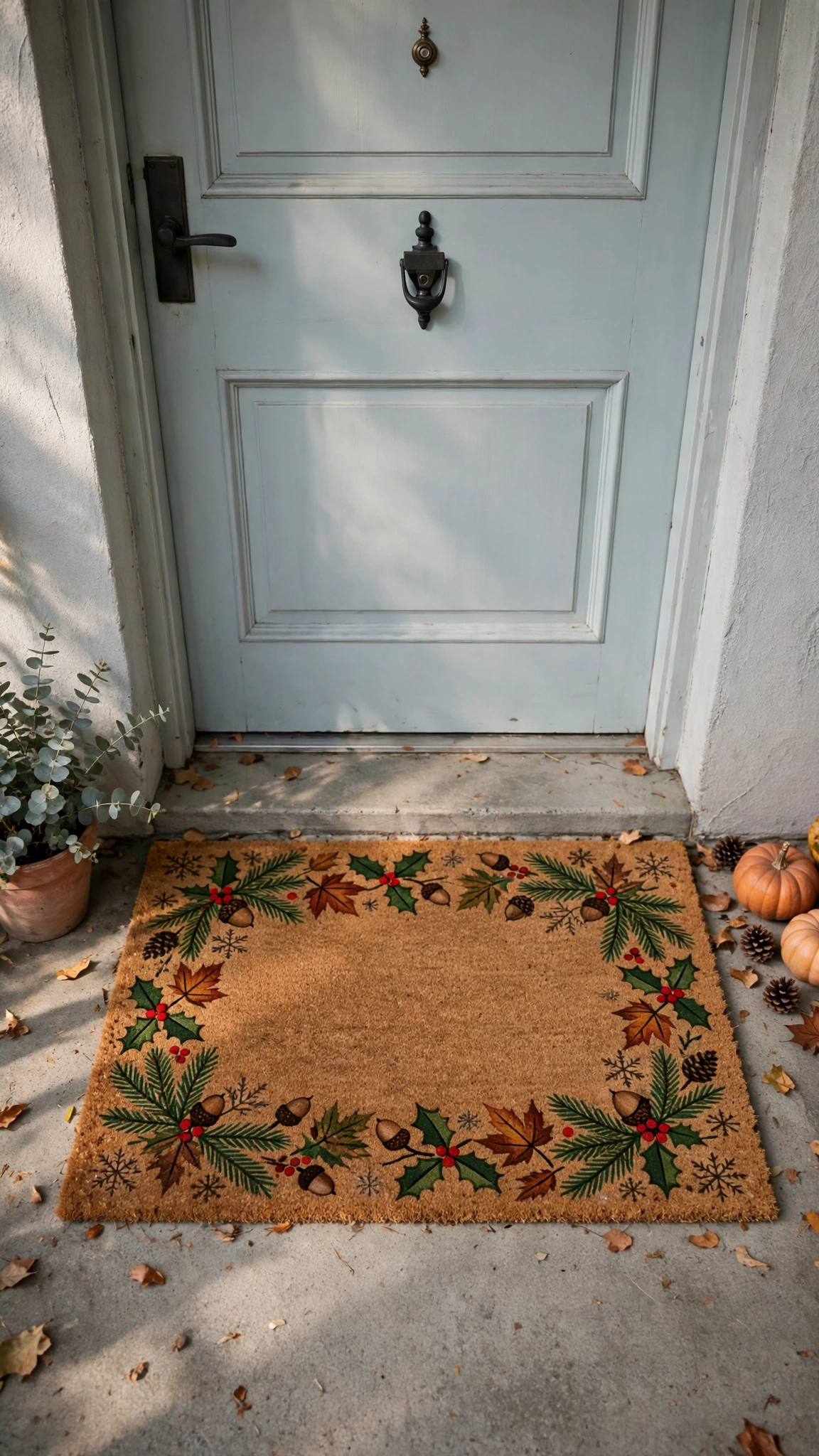 Festive doormat with seasonal motifs placed outside the front door of a rented home.