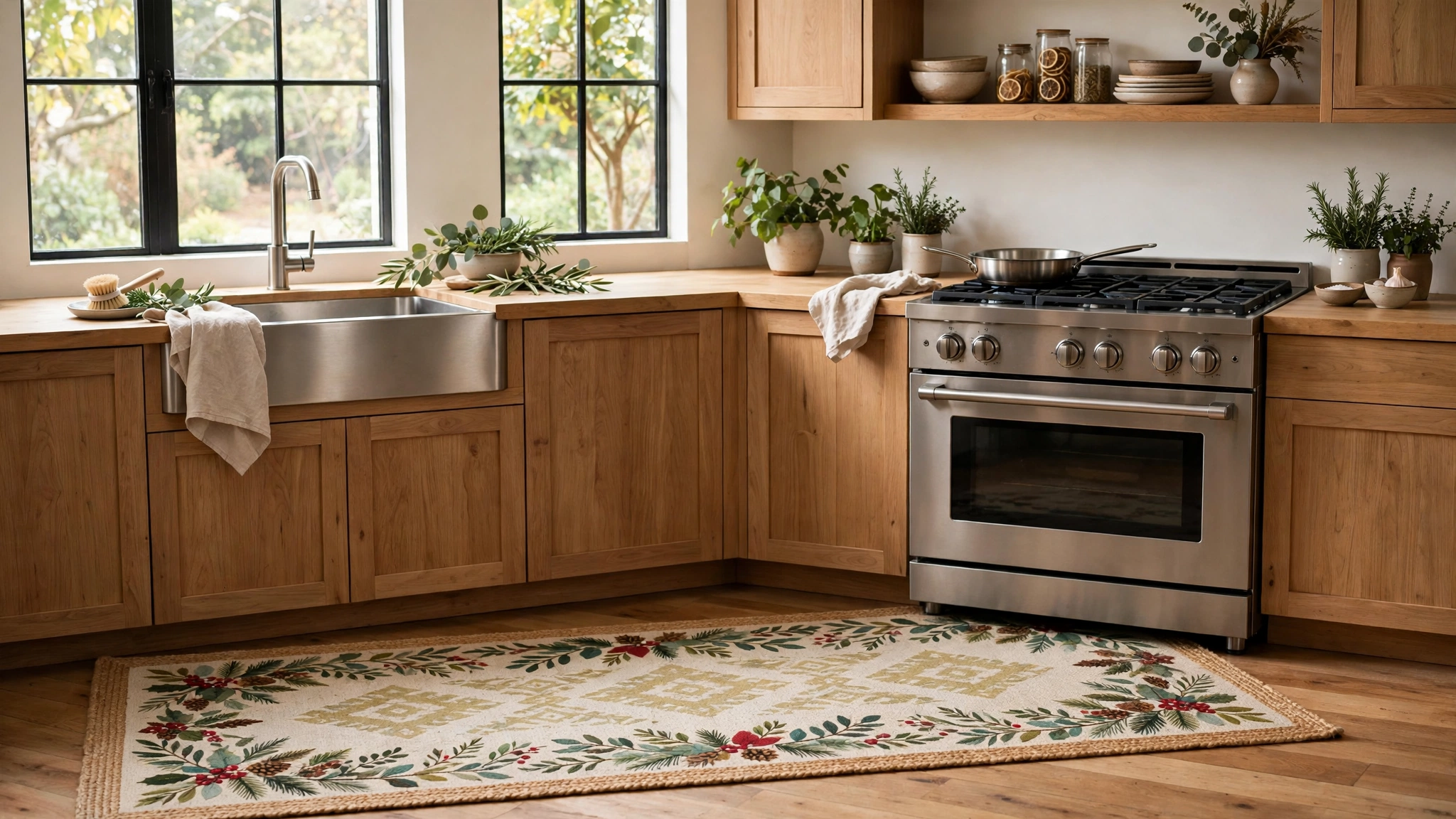 Christmas Kitchen Decor Ideas for a Festive Cozy Space 18 A festive kitchen rug with a seasonal border beside a sink and stove.