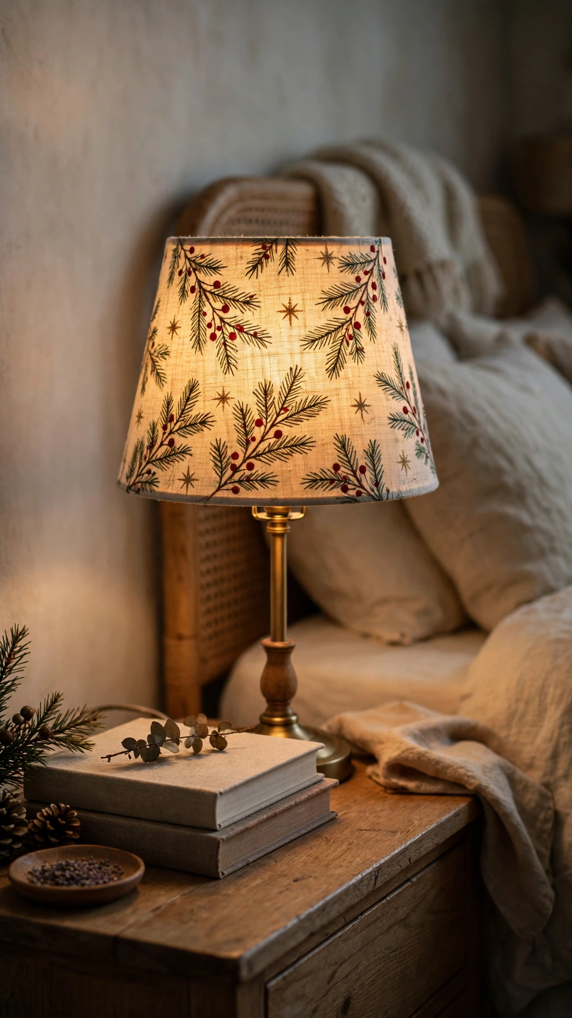 Christmas Bedroom Decor Ideas for a Cozy Festive Retreat 24 Festive lamp shade glowing on a cozy bedroom nightstand lamp at dusk
