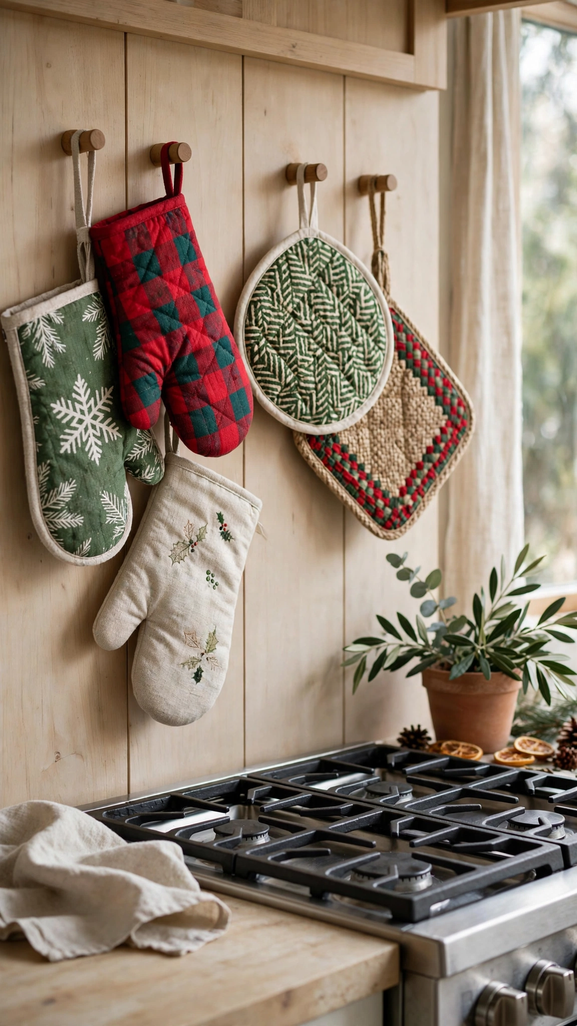 Christmas Kitchen Decor Ideas for a Festive Cozy Space 13 Festive oven mitts and pot holders hanging ready beside a kitchen stove.