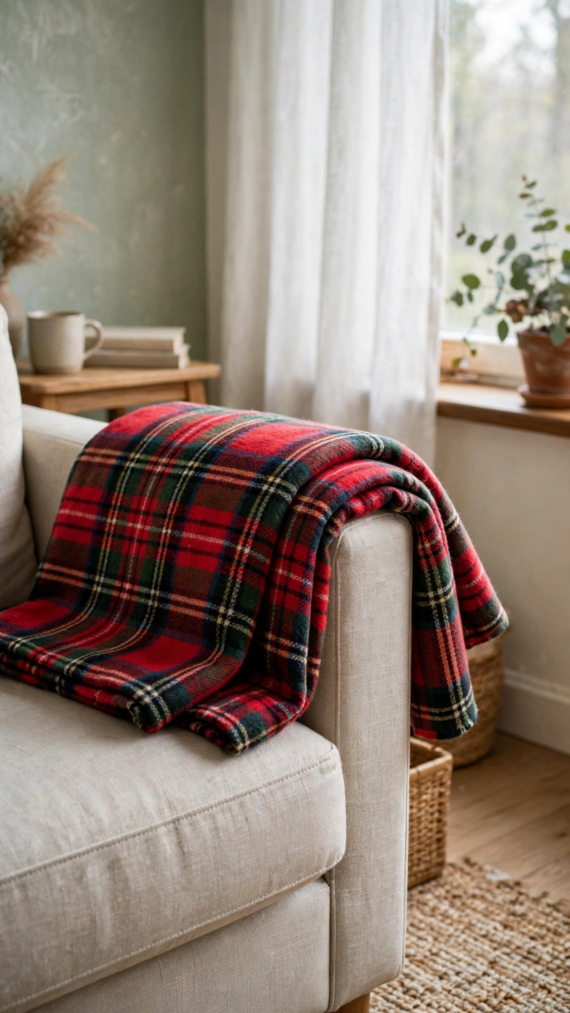 Festive plaid throw blanket folded over a sofa arm in a rented living room.
