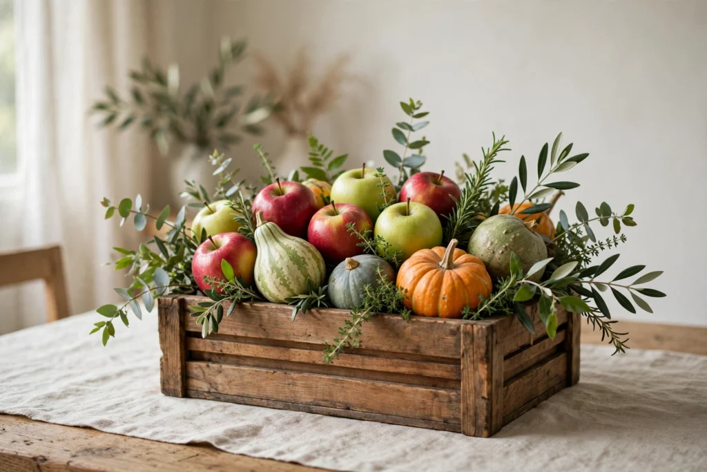 Rustic wooden box overflowing with apples, gourds, and greenery as centerpiece.