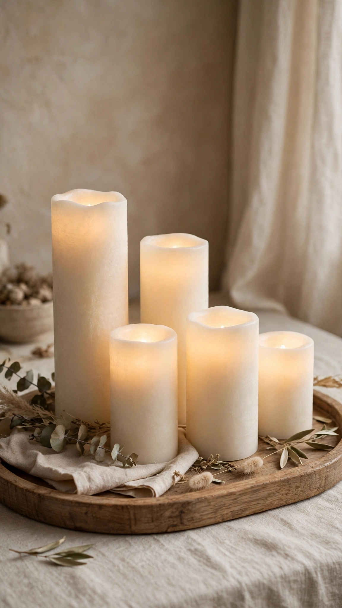 Flameless pillar candles in varied heights glowing warmly together on a decorative tray.