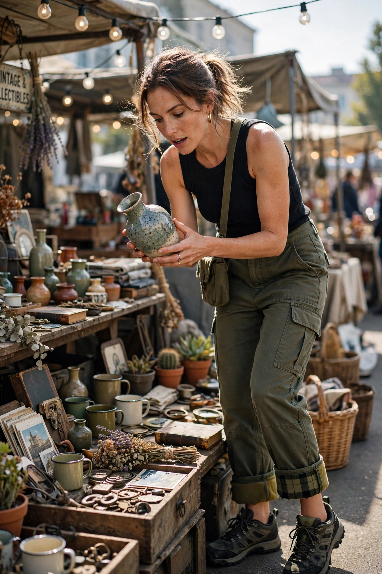 Woman in flannel-lined cargo pants browsing a vintage flea market stall at dawn.