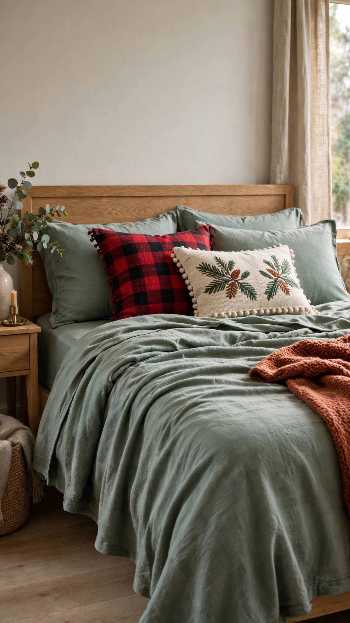 Christmas Bedroom Decor Ideas for a Cozy Festive Retreat 11 Bed made with a soft flannel sheet set and festive pillows in light