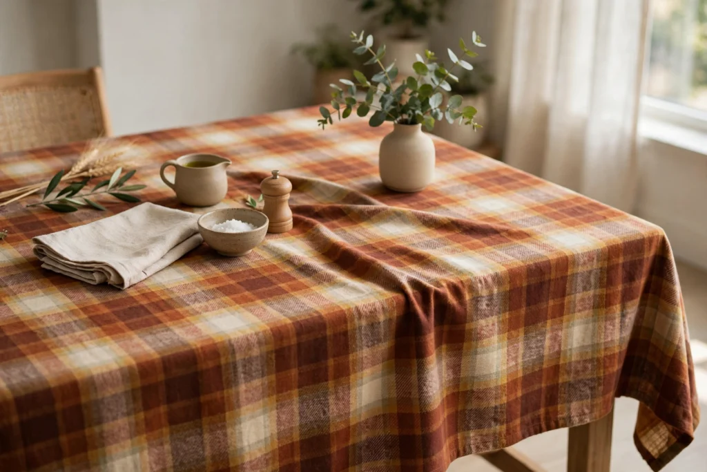 Rustic Thanksgiving Decor for a Warm Cozy Harvest Feel 12 Warm plaid flannel tablecloth creating a cozy rustic dining atmosphere.