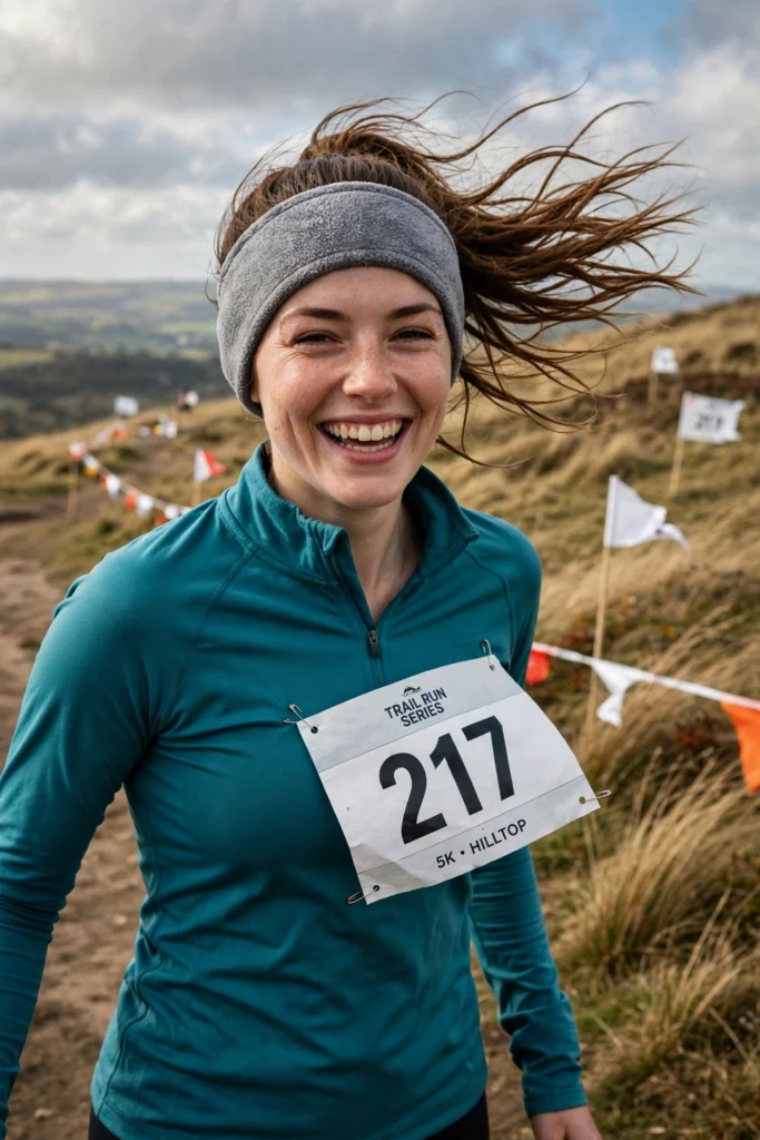 Smiling runner with a ponytail wearing a fleece ear-warmer on a hill.