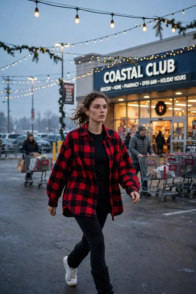 Woman in fleece-lined leggings and flannel shirt walking through a dawn parking lot.