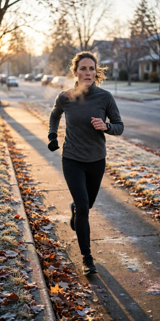 Woman running on a frosty sidewalk in fleece-lined tights and thermal top.