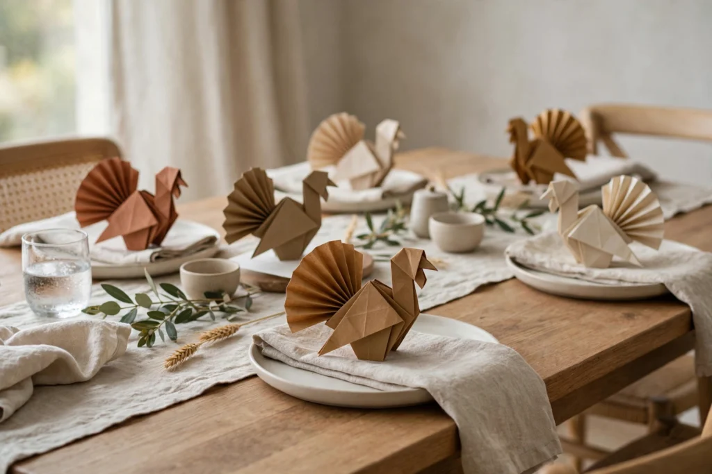 Charming origami paper turkeys used as whimsical place holders on table.