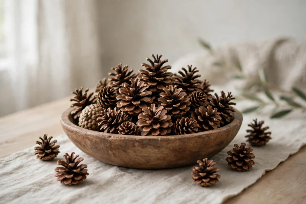 Budget Thanksgiving Tablescape Ideas That Still Look Elegant 3 Foraged pinecones piled in a wooden bowl as an affordable centerpiece.