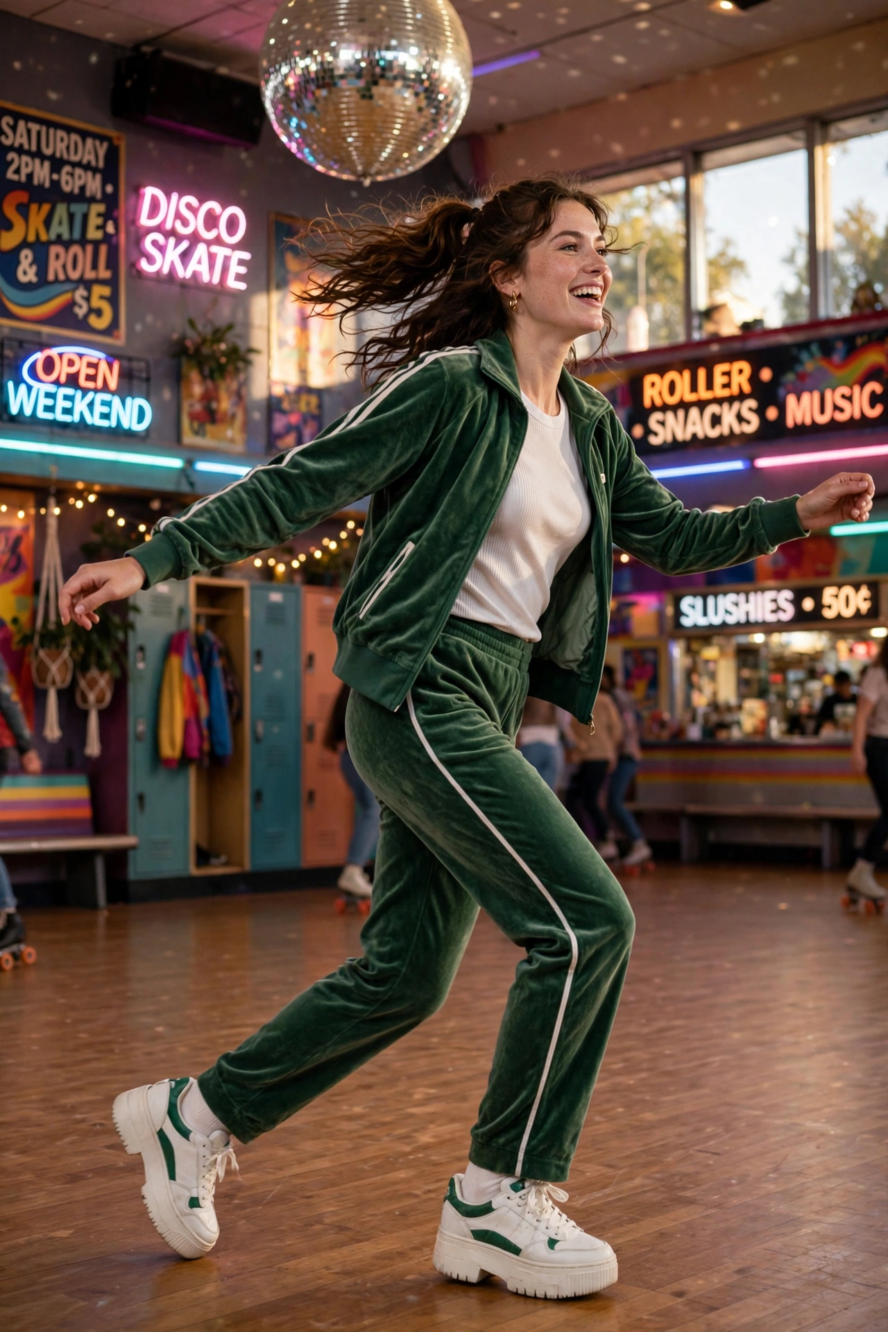 Woman in a green velour tracksuit skating under a disco ball at the rink.