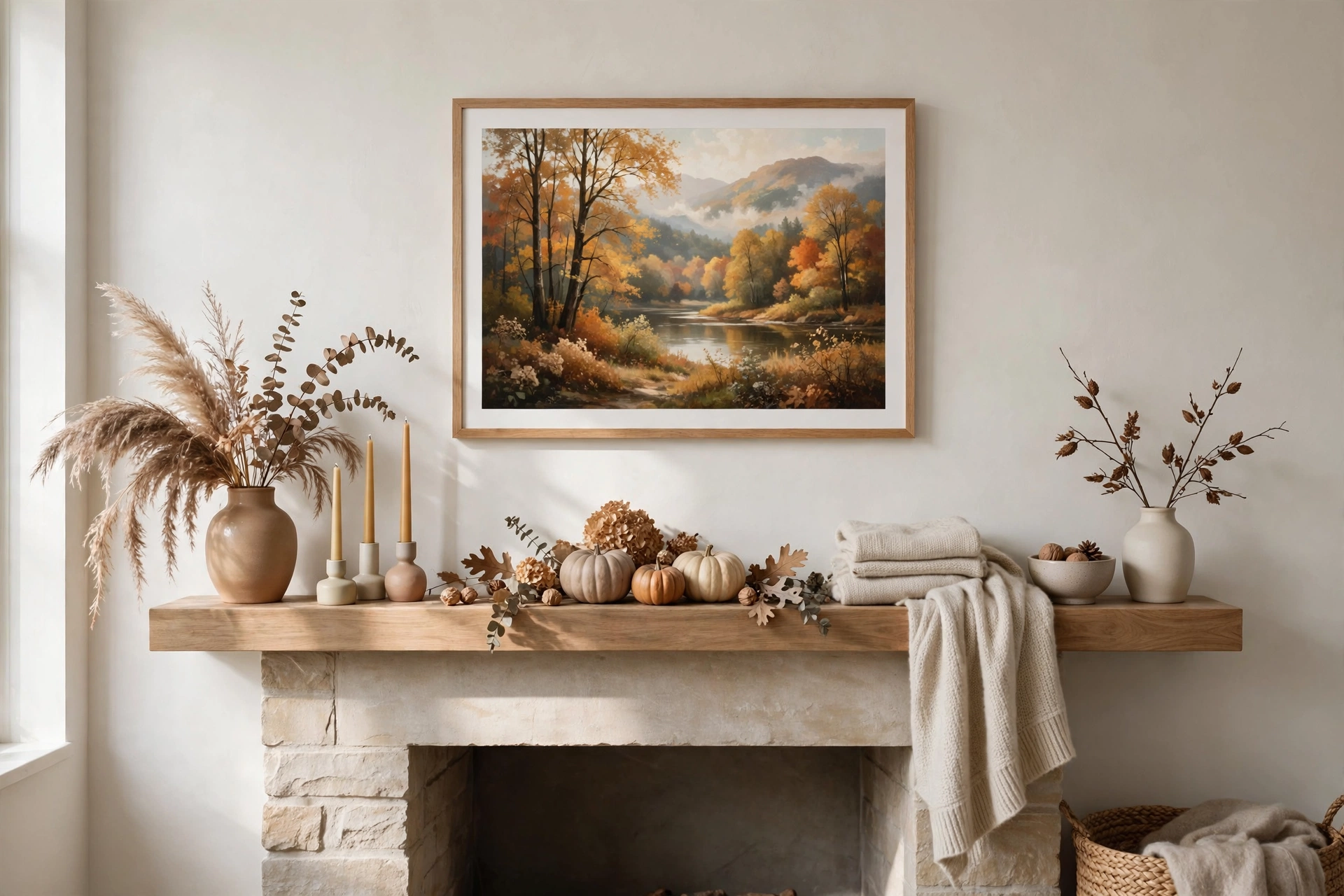 Framed autumn art print hanging above a styled Thanksgiving mantel.