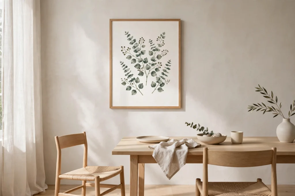 Modern Minimalist Thanksgiving Decor for a Chic Clean Table 22 Framed botanical wall art print hanging in a minimalist Thanksgiving dining room.