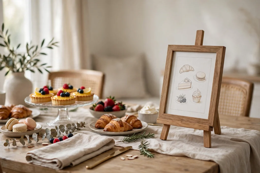 Framed dessert menu sign on a small easel at the table edge.