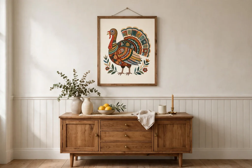 Framed folk-art turkey print hanging on a dining room wall above a sideboard