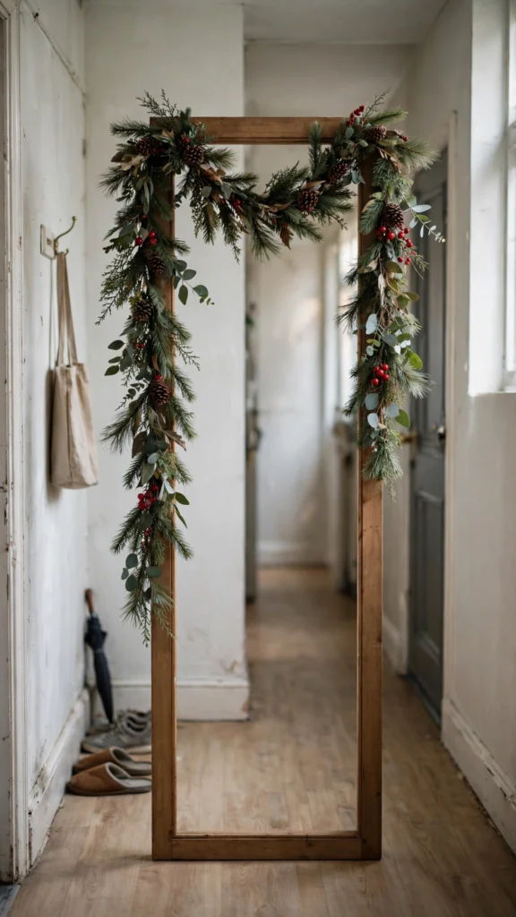 Pine garland swag with berries framing a doorway in a bright rented hallway entrance.