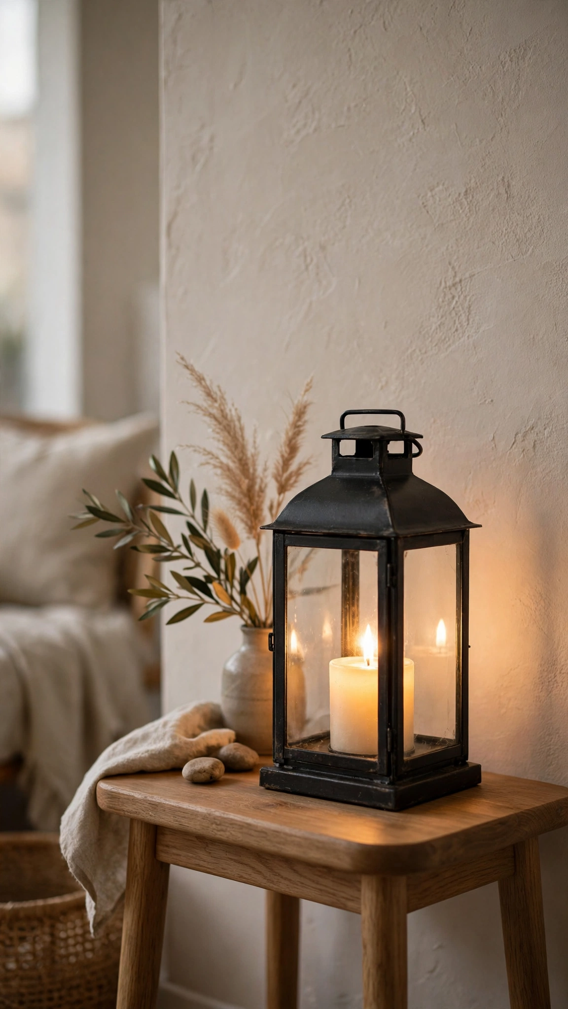 Freestanding lantern with a glowing battery candle placed on a side table near greenery.