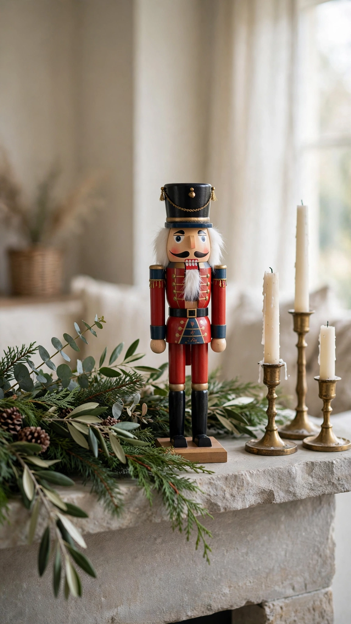 Tall nutcracker figurine standing on a mantel beside candles and festive green foliage.