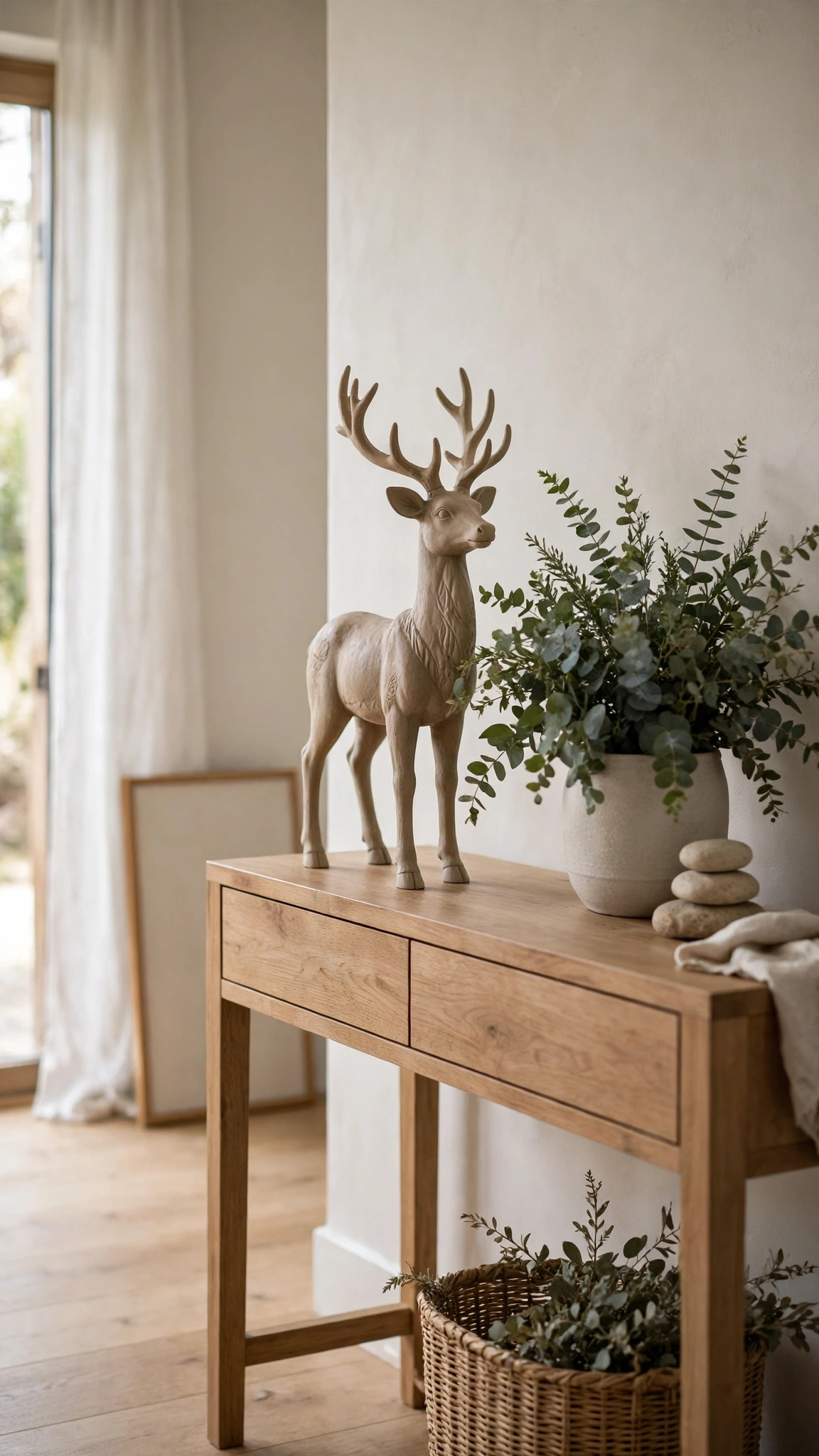 Freestanding reindeer figurine standing on an entry console beside festive green foliage.