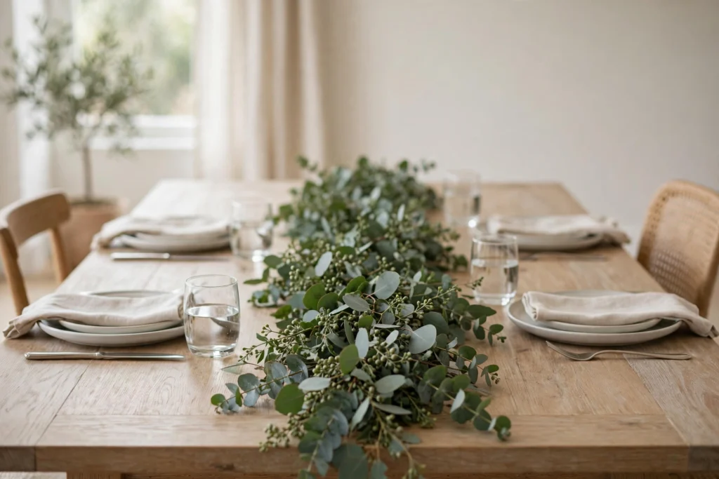 Fresh eucalyptus garland draped along the center of a Thanksgiving dining table.