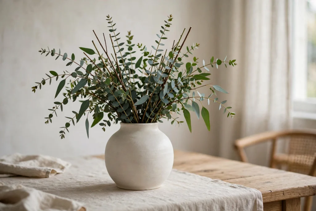 Modern Minimalist Thanksgiving Decor for a Chic Clean Table 11 Fresh eucalyptus stems arranged loosely in a vase on a Thanksgiving table.