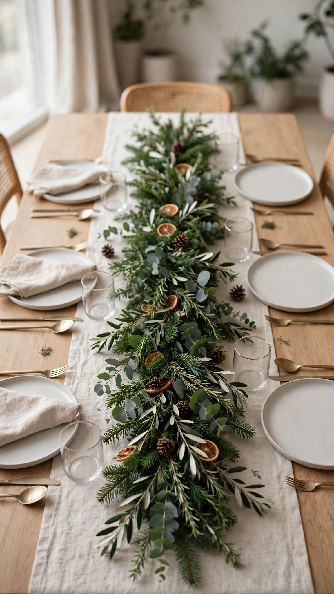 Fresh greenery garland running down the center of a festive Christmas dinner table.