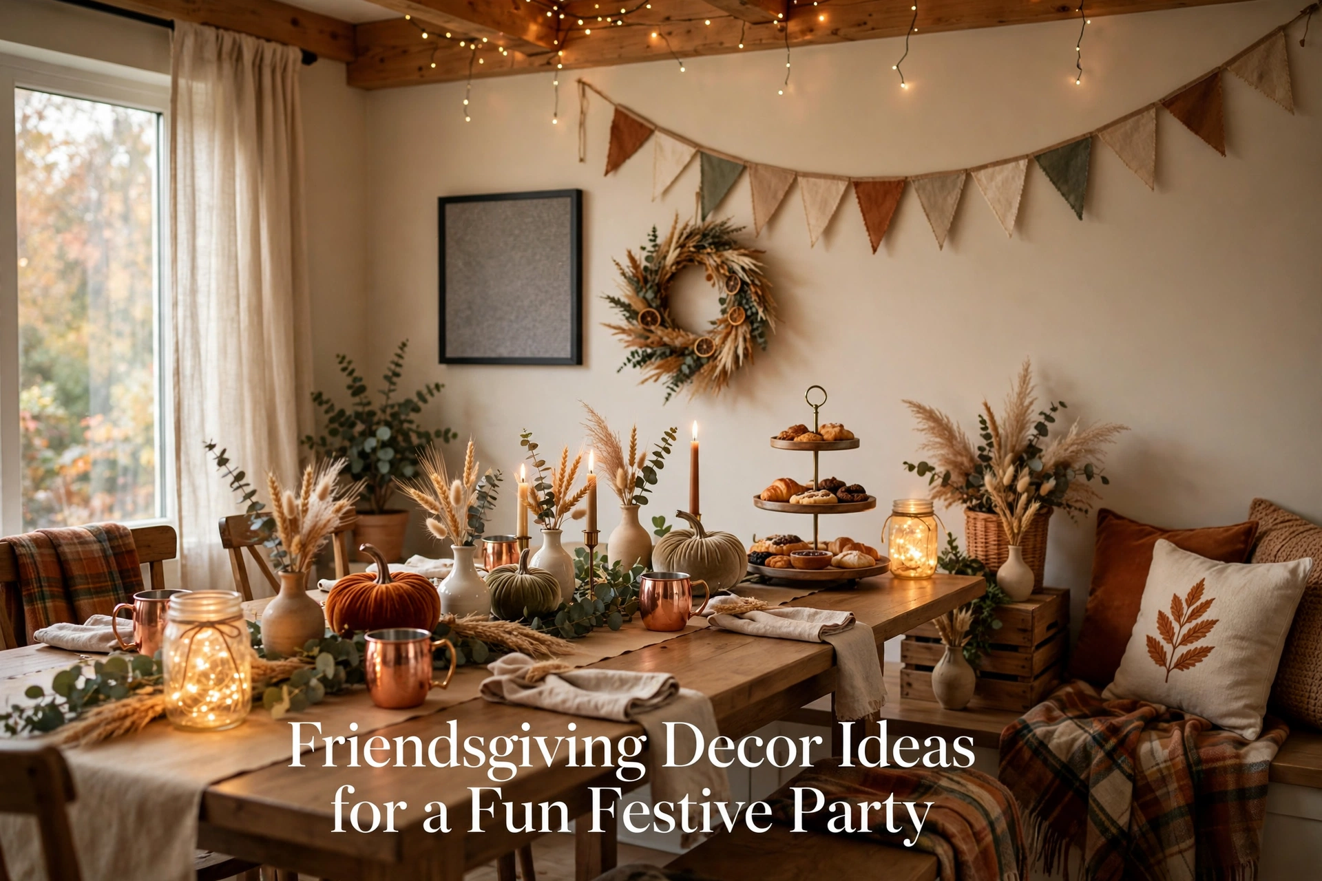 Friendsgiving dining room with layered table decor, warm lighting, and autumn accents.
