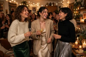 Three friends in festive Friendsgiving outfits celebrating together in a warm apartment.