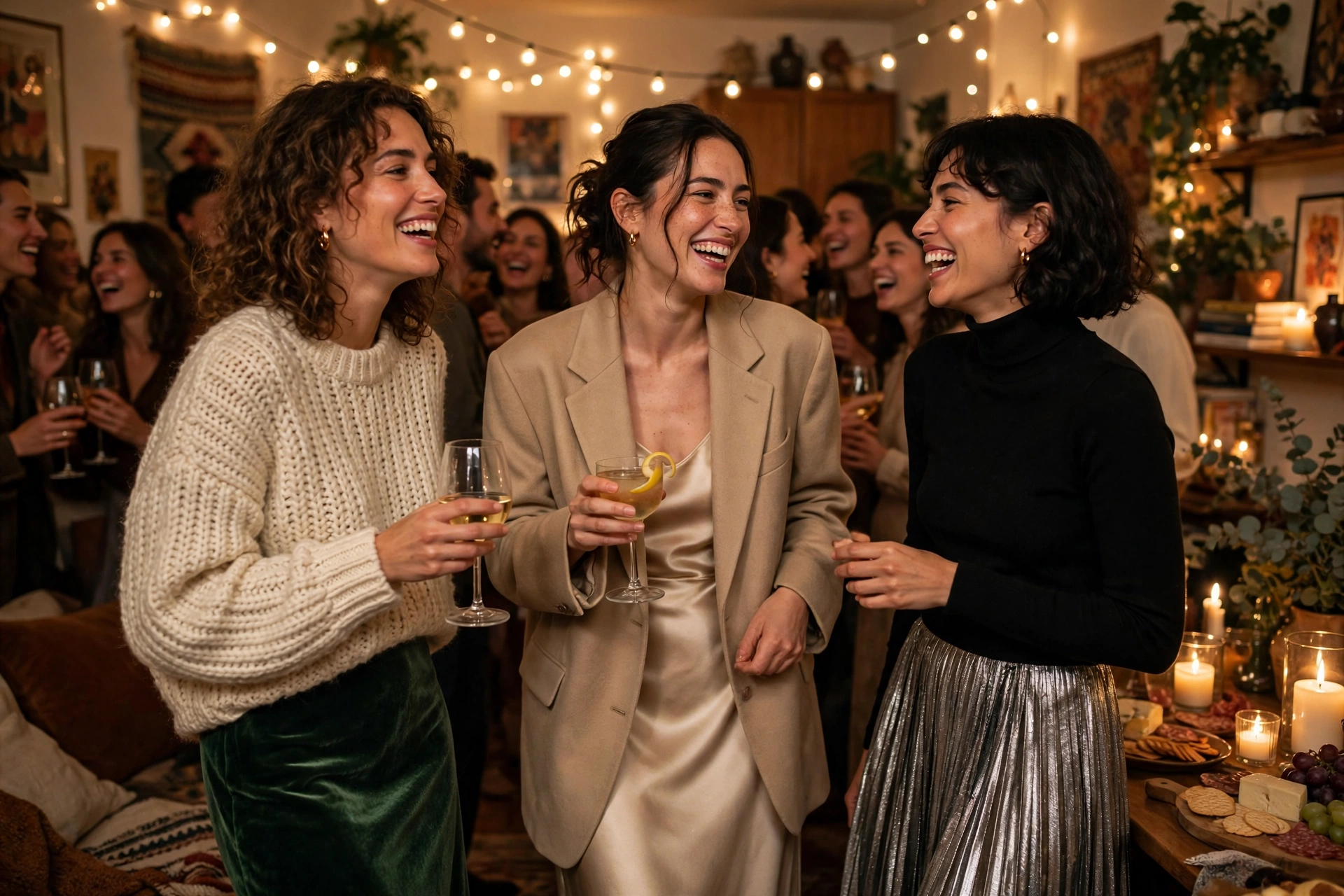 Three friends in festive Friendsgiving outfits celebrating together in a warm apartment.