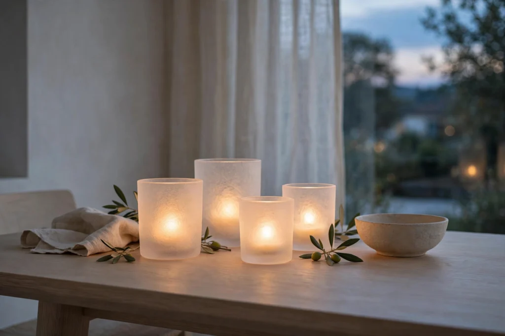 Modern Minimalist Thanksgiving Decor for a Chic Clean Table 5 Several small frosted glass votives glowing softly on a minimalist Thanksgiving table.
