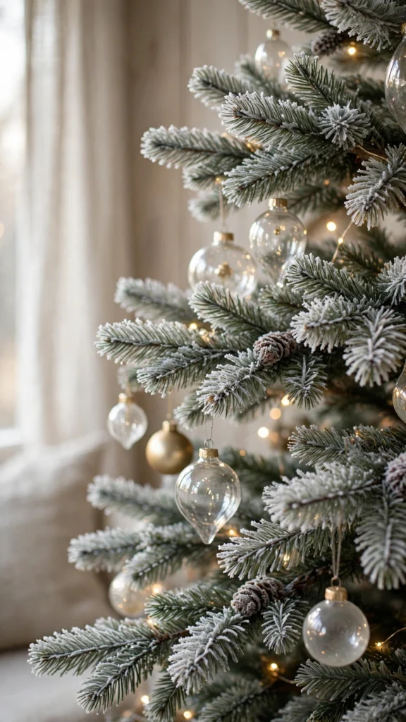 Christmas Tree Decorating Ideas for a Magical Holiday Look 16 Frosted pine sprays with pale tips on a decorated Christmas tree branch