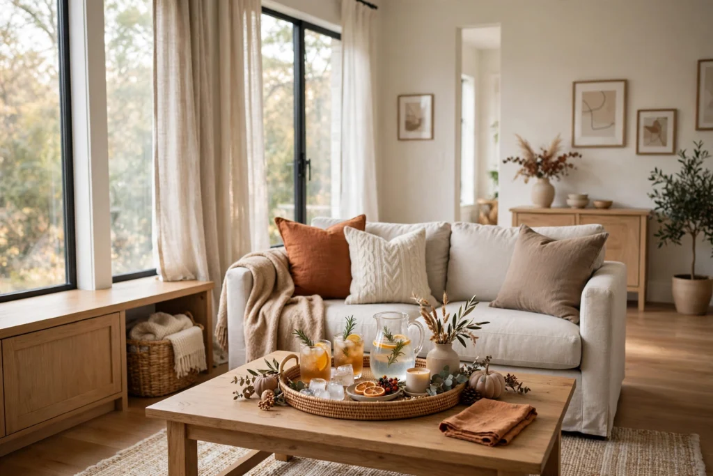 Guest-ready living room with a drink tray on the coffee table and clear walkways.