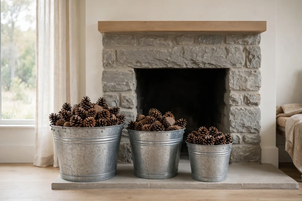 Rustic Thanksgiving Decor for a Warm Cozy Harvest Feel 5 Galvanized metal buckets filled with pinecones by a cozy fireplace.