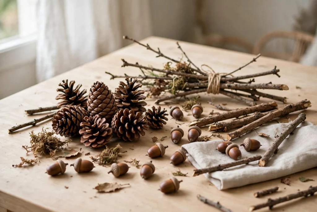 Pinecones, acorns, and branches gathered for beautiful DIY Thanksgiving centerpiece projects.