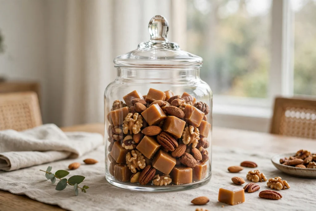 Glass apothecary jar filled with caramels and spiced nuts on a table.