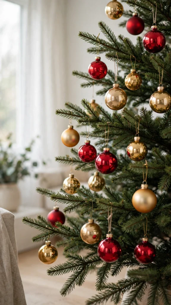 Christmas Tree Decorating Ideas for a Magical Holiday Look 4 Glass ball ornaments in red and gold hanging on a decorated Christmas tree branch