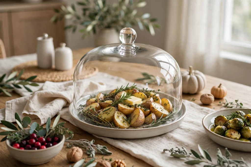 Modern Minimalist Thanksgiving Decor for a Chic Clean Table 20 Glass cloche dome covering side dishes on a minimalist Thanksgiving serving table.